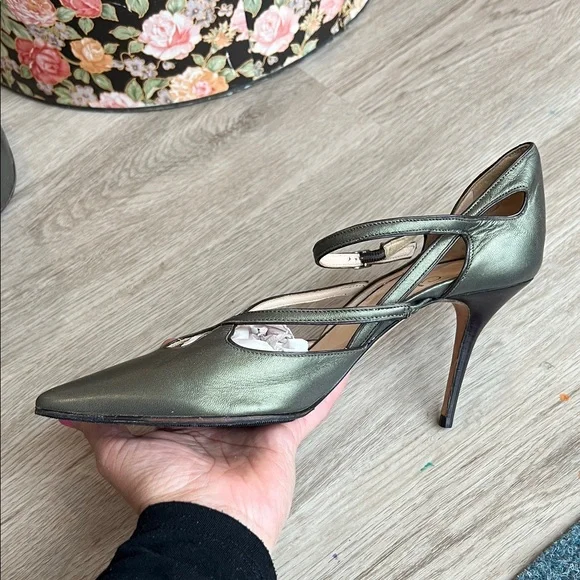 Cole Haan Collection Pointed Toe Strappy Pumps in Metallic Olive Green Leather - Picture 11 of 16